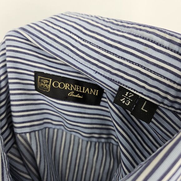 Corneliani Shirt Mens 17 43 Blue Stripe Preppy Business Dress Formal Casual‎ - Picture 9 of 10